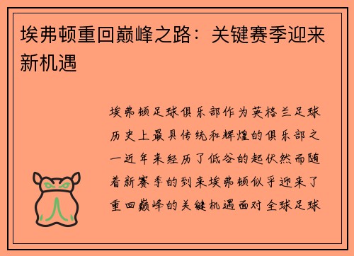 埃弗顿重回巅峰之路：关键赛季迎来新机遇